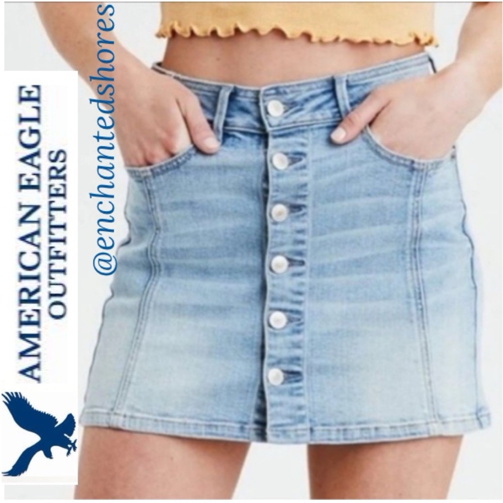 American Eagle Hi-Rise Denim Skirt Blue Jean A Line Button Front Y2K Size 10